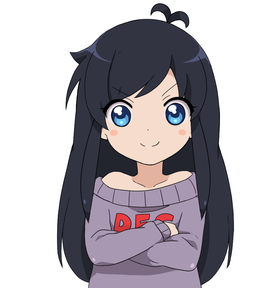 ahoge, antenna_hair, bare_shoulders, black_hair, blue_eyes, crossed_arms, dfc-tan, dress, long_hair, non-web_source, oomuro_sakurako, parody, smile, style_parody, sweater, sweater_dress, transparent_background, yuru_yuri
