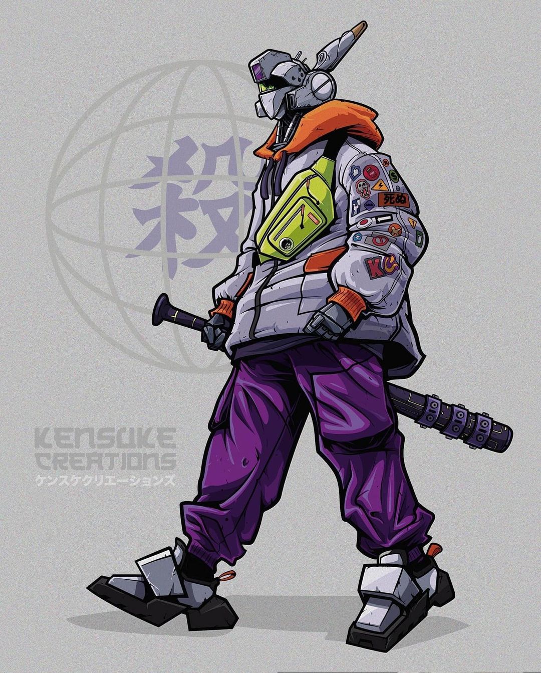 artist_name, assault_visor, av-98_ingram, baseball_bat, buchi_holes, clenched_hand, clothed_robot, english_commentary