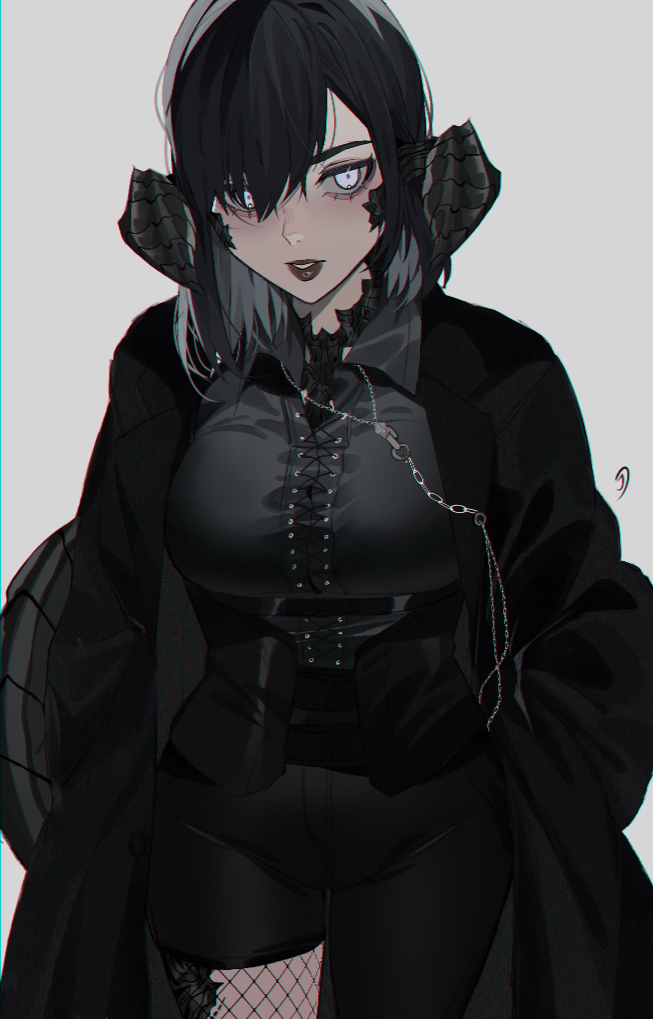 1girl, asymmetrical_legwear, au_ra, avatar_(ff14), bangs, black_hair, black_jacket, black_lips