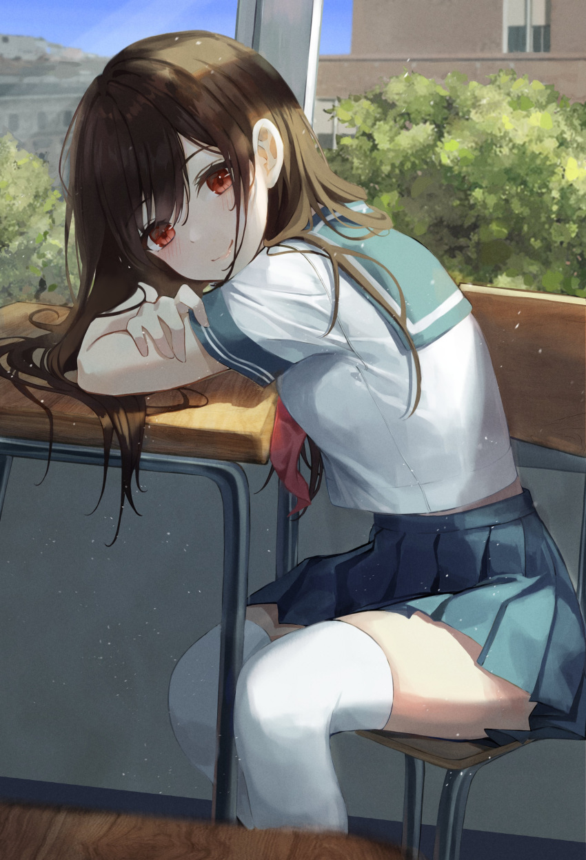 1girl, absurdres, ascot, bangs, blue_sailor_collar, blue_skirt, blue_sky, blush, breasts, brown_hair, bush, classroom, clear_sky, closed_mouth, feet_out_of_frame, head_on_arm, highres, light, light_particles, long_hair, looking_at_viewer, mas_(maseu), medium_breasts, on_chair, original, pleated_skirt, red_ascot, red_eyes, sailor_collar, school_uniform, serafuku, shirt, short_sleeves, sitting, skirt, sky, smile, solo, swept_bangs, table, thigh-highs, white_shirt, white_thighhighs, window