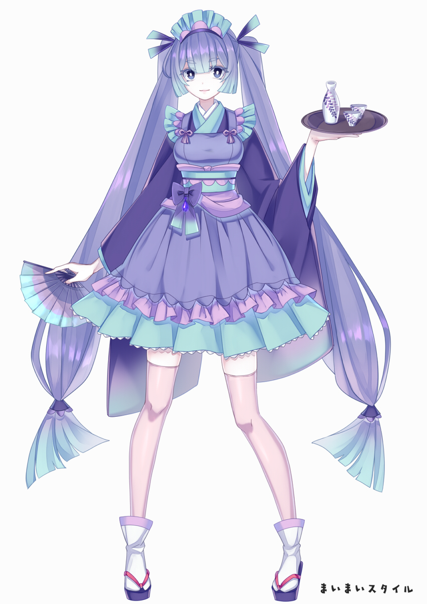 1girl, apron, aqua_hair, aqua_skirt, bangs, blunt_bangs, bottle, bow, breasts, bright_pupils, closed_mouth, colored_eyelashes, commentary_request, cup, drink, folding_fan, frilled_apron, frilled_skirt, frills, full_body, gem, gradient_hair, hair_ribbon, hairband, hand_fan, hand_up, highres, holding, holding_drink, holding_fan, holding_tray, japanese_clothes, kimono, layered_legwear, layered_sleeves, legs, long_hair, long_sleeves, looking_at_viewer, low-tied_long_hair, medium_breasts, merlusa, miniskirt, multicolored_hair, obi, oricorio, oricorio_(sensu), personification, pink_thighhighs, pleated_skirt, pokemon, purple_apron, purple_bow, purple_footwear, purple_gemstone, purple_hair, purple_kimono, purple_ribbon, ribbon, sandals, sash, shiny, shiny_clothes, shiny_hair, sidelocks, simple_background, skirt, socks, solo, standing, tabi, tassel, thigh-highs, thighs, tokkuri, translated, tray, twintails, two-tone_hair, very_long_hair, violet_eyes, wa_maid, white_background, white_pupils, white_socks, wide_sleeves, zettai_ryouiki