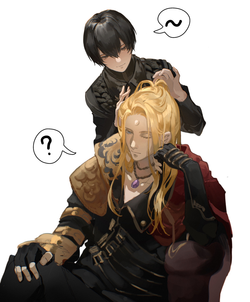 1boy, 1girl, ?, adventurer_(ff14), armor, bangs, belt, black_gloves