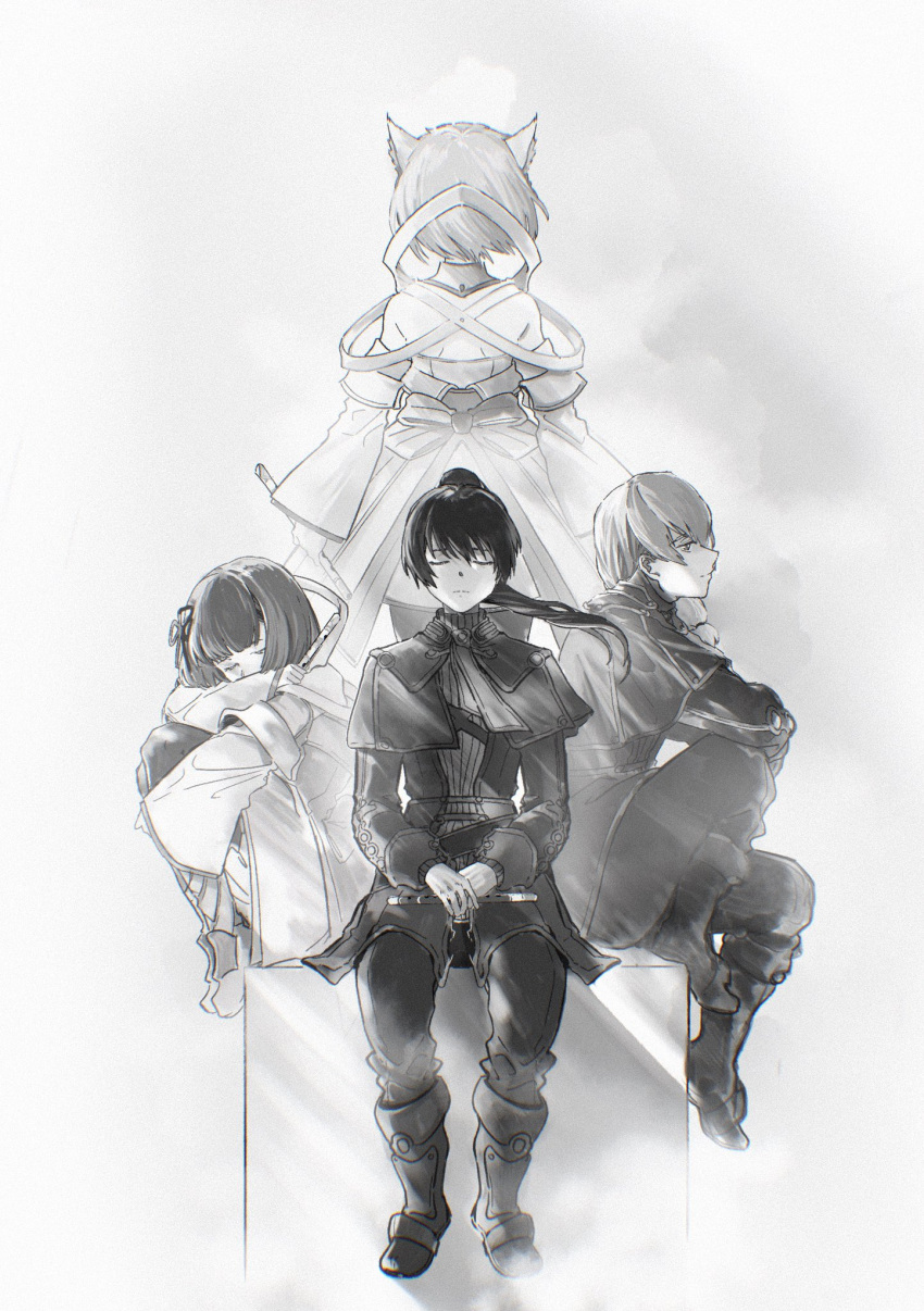 bare_shoulders, crys_(xenoblade), flute, greyscale, highres, instrument, mio_(xenoblade), miyabi_(xenoblade), monochrome, noah_(xenoblade), rourou_mirman, xenoblade_chronicles_(series), xenoblade_chronicles_3