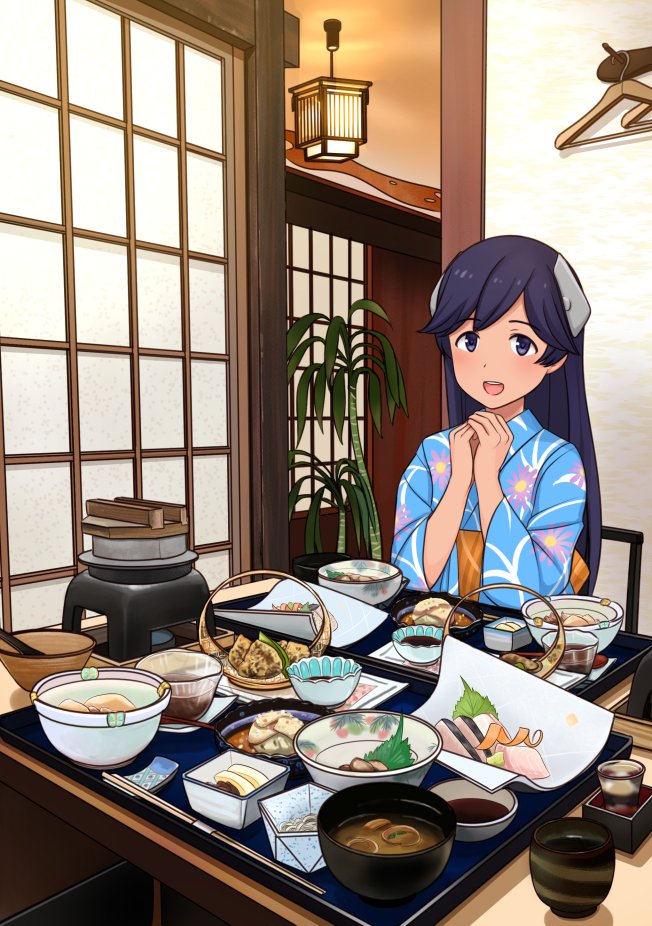 1girl, black_eyes, black_hair, blue_kimono, commentary_request, food, headgear, hitakikan, i-400_(kancolle), indoors, japanese_clothes, kantai_collection, kimono, lantern, long_hair, looking_at_viewer, official_alternate_costume, plant, smile, solo, table, tan, upper_body, yukata