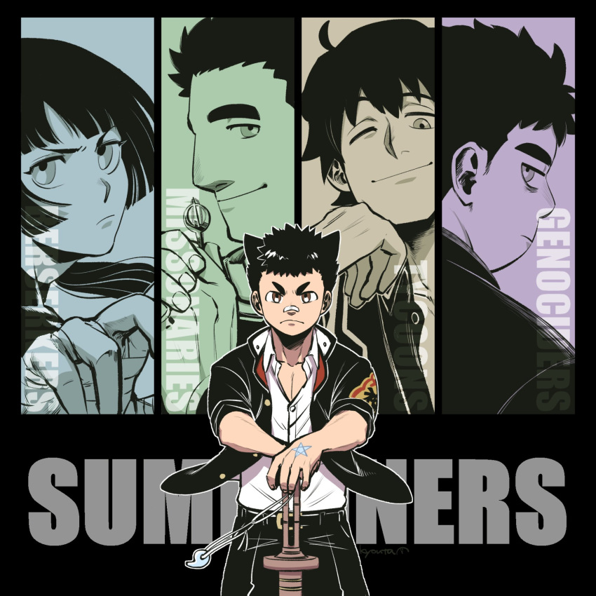 1girl, 4boys, bandaged_hand, bandages, bandaid, bandaid_on_face, bandaid_on_nose, bangs