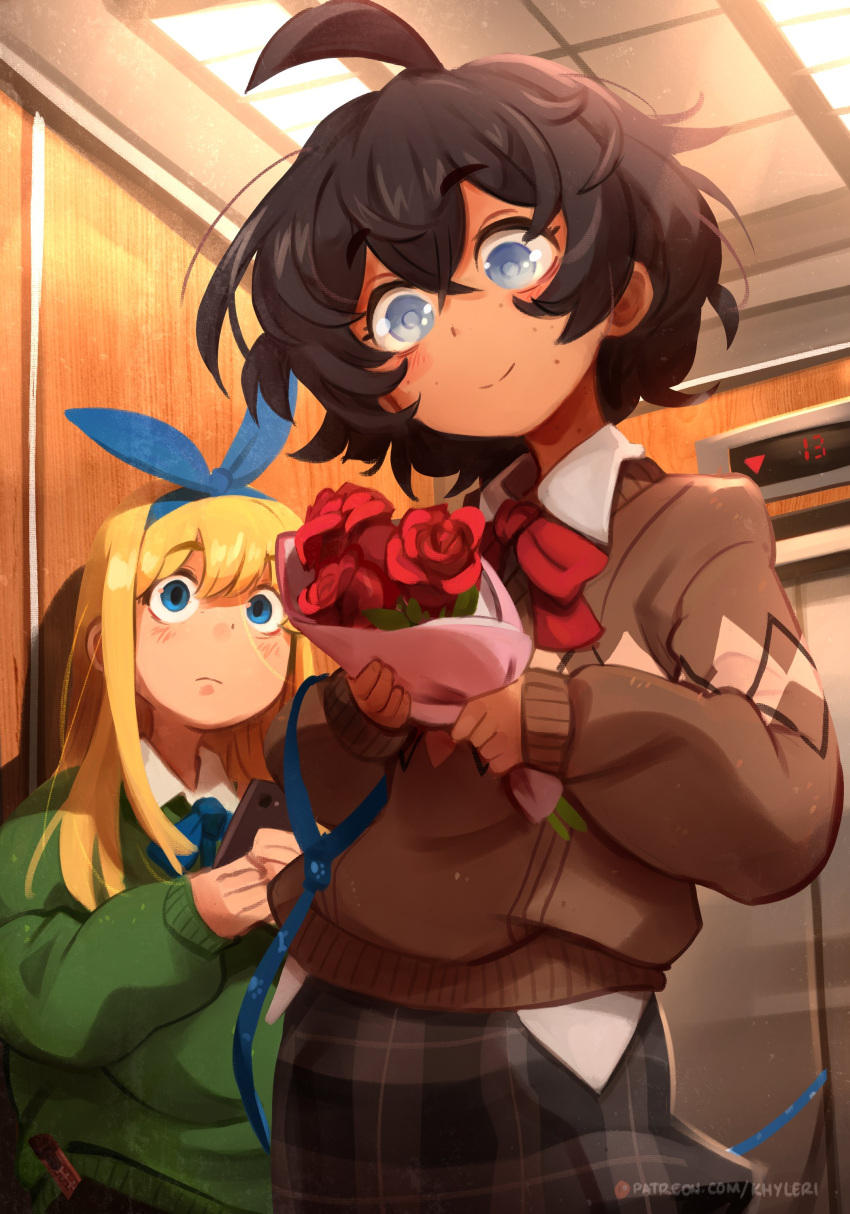 2girls, absurdres, ahoge, black_hair, blind, blind_girl_(popopoka), blonde_girl_(popopoka), blonde_hair