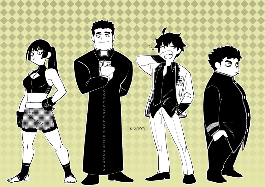 1girl, 3boys, ahoge, bangs, bike_shorts, bike_shorts_under_shorts, blunt_bangs, book