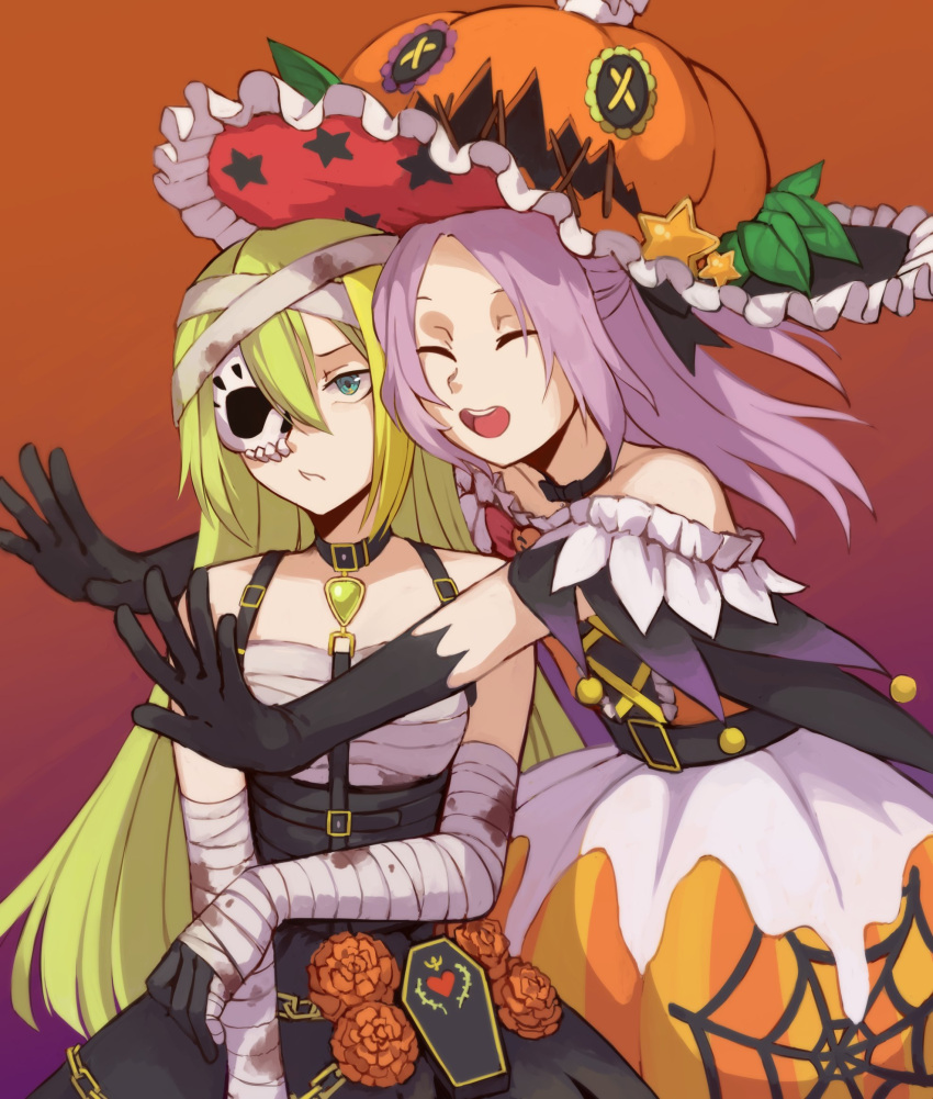 2girls, alina_gray, alina_gray_(halloween_ver.), bandaged_arm, bandages, bangs, blush, bubble_skirt