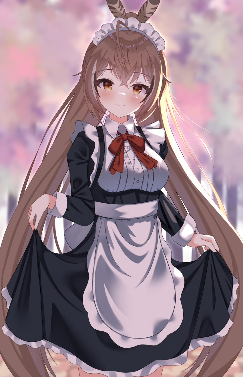1girl, ahoge, alternate_costume, apron, autumn, bangs, blurry, blurry_background