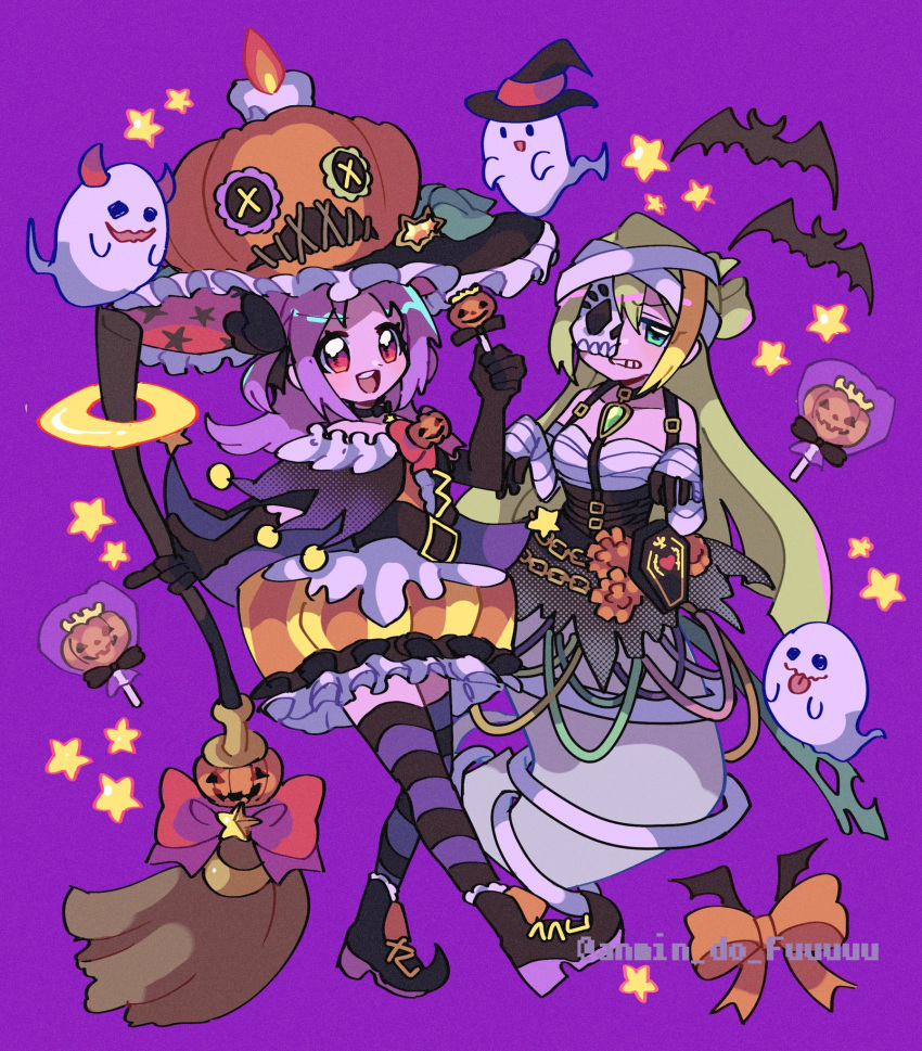 2girls, alina_gray, alina_gray_(halloween_ver.), anmin_do_fuuuuu, bandaged_arm, bandages, bat_(animal), broom