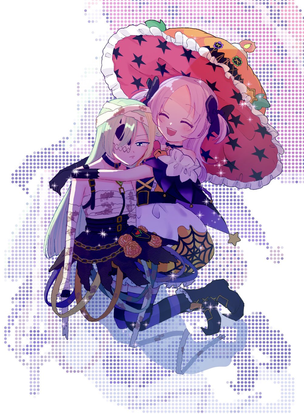 2girls, alina_gray, alina_gray_(halloween_ver.), bandaged_arm, bandages, bangs, blush, bubble_skirt