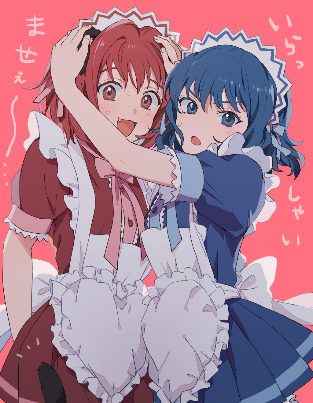 2girls, aizawa_mint, animal_ears, apron, azkn, blue_eyes, blue_hair, cafe_mew_mew_uniform