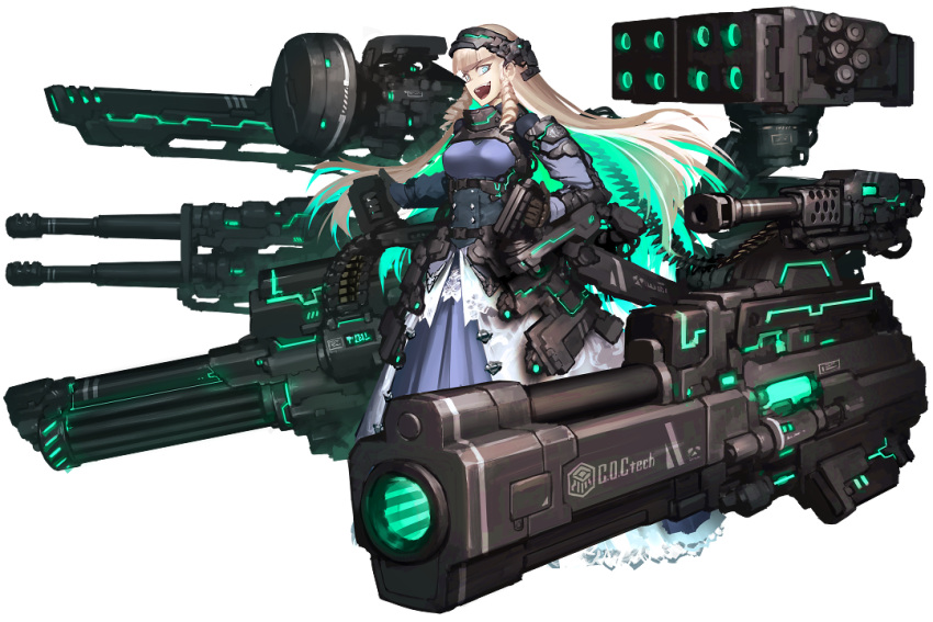 1girl, ammunition_belt, autocannon, bangs, black_footwear, black_gloves, blonde_hair, blue_dress