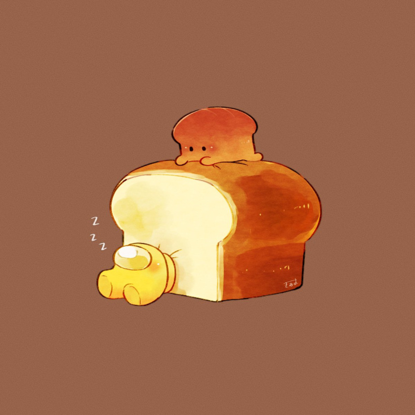 2others, among_us, artist_name, bread, brown_background, commentary, creature, food
