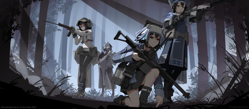 4girls, absurdres, artist_name, battle_rifle, belt, black_hair, brown_eyes, crop_top