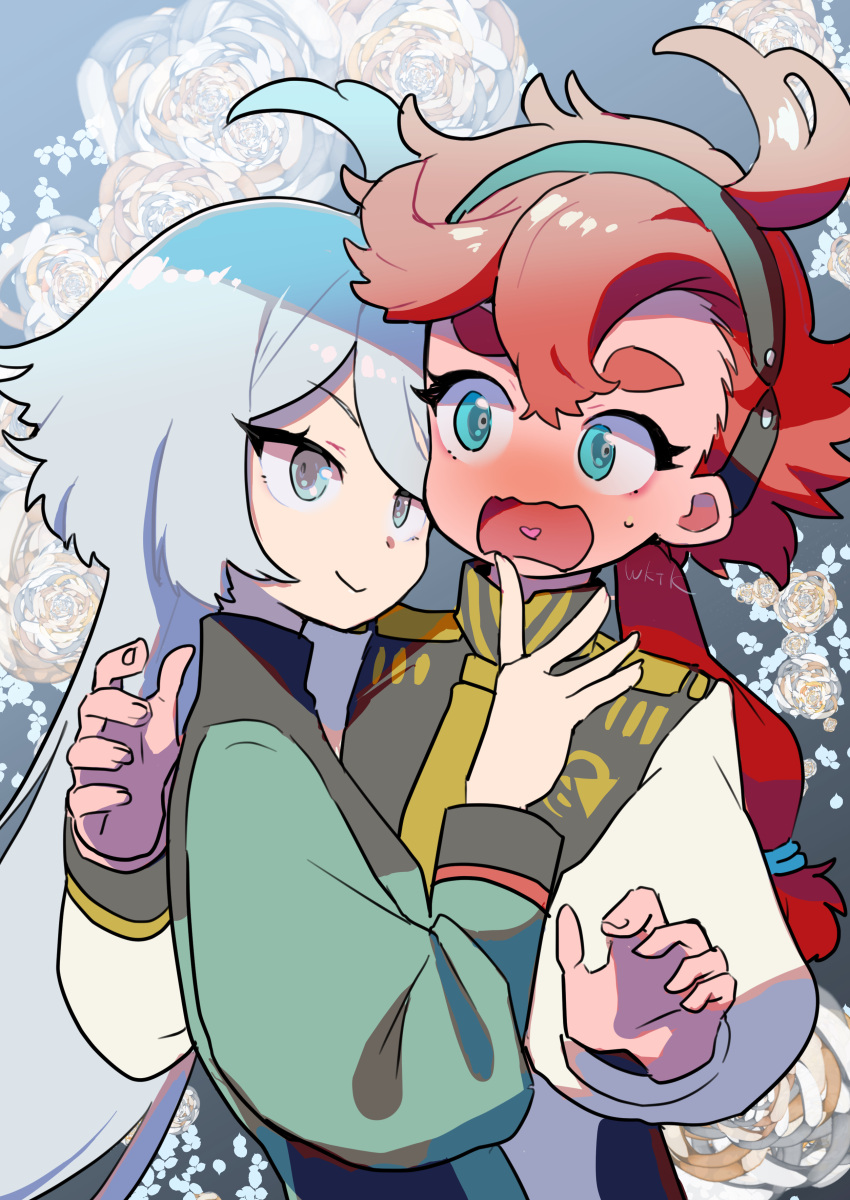 2girls, absurdres, ahoge, blush, embarrassed, eye_contact, floral_background, green_eyes