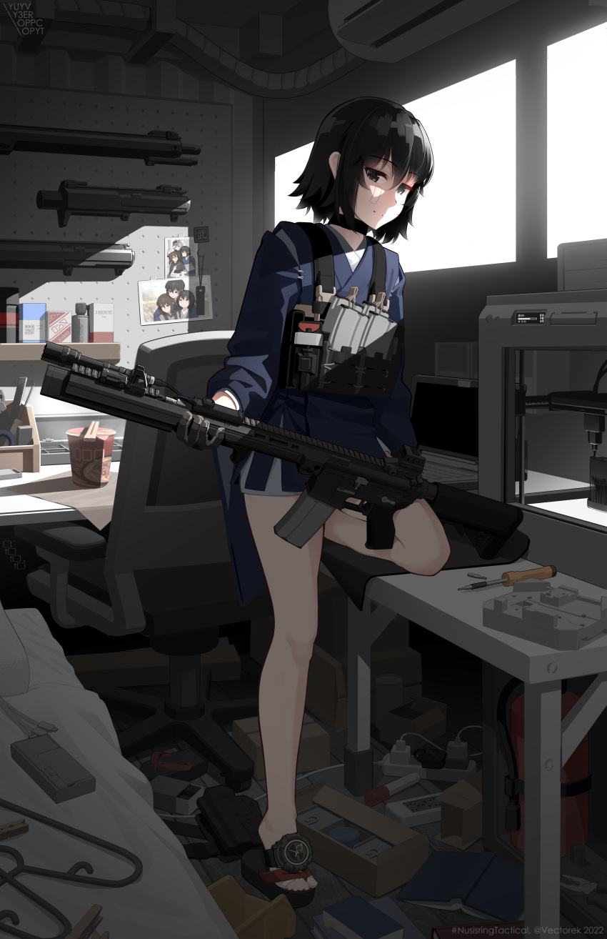 1girl, absurdres, aleksandra_morozova, ar-15, artist_name, black_choker, black_hair, blue_kimono