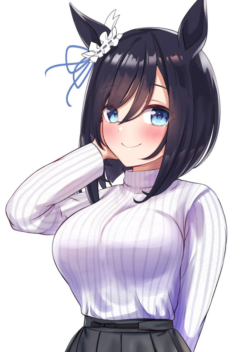 1girl, animal_ears, arm_behind_back, bangs, black_hair, black_skirt, blue_eyes, blush