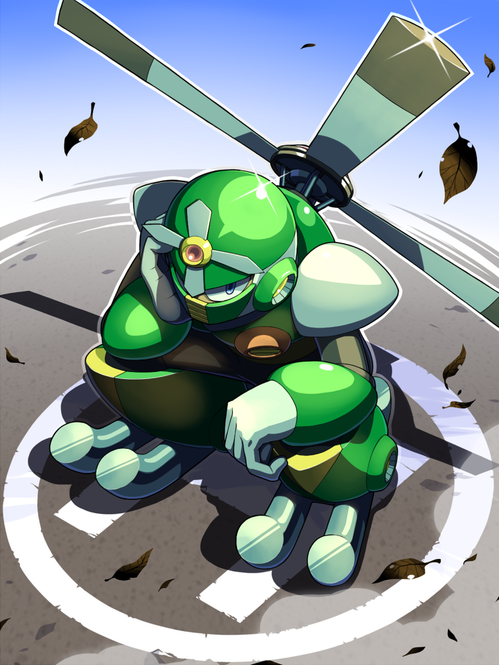 1boy, android, armor, black_bodysuit, blue_background, blue_eyes, bodysuit, commentary_request, covered_mouth, falling_leaves, full_body, glint, gloves, gradient, gradient_background, green_headwear, gyro_man, hand_on_own_cheek, hand_on_own_face, hand_up, helipad, helmet, leaf, looking_at_viewer, male_focus, mega_man_(classic), mega_man_(series), mega_man_5, napo, outdoors, propeller, robot_ears, shadow, shoulder_armor, solo, squatting, white_gloves, wind