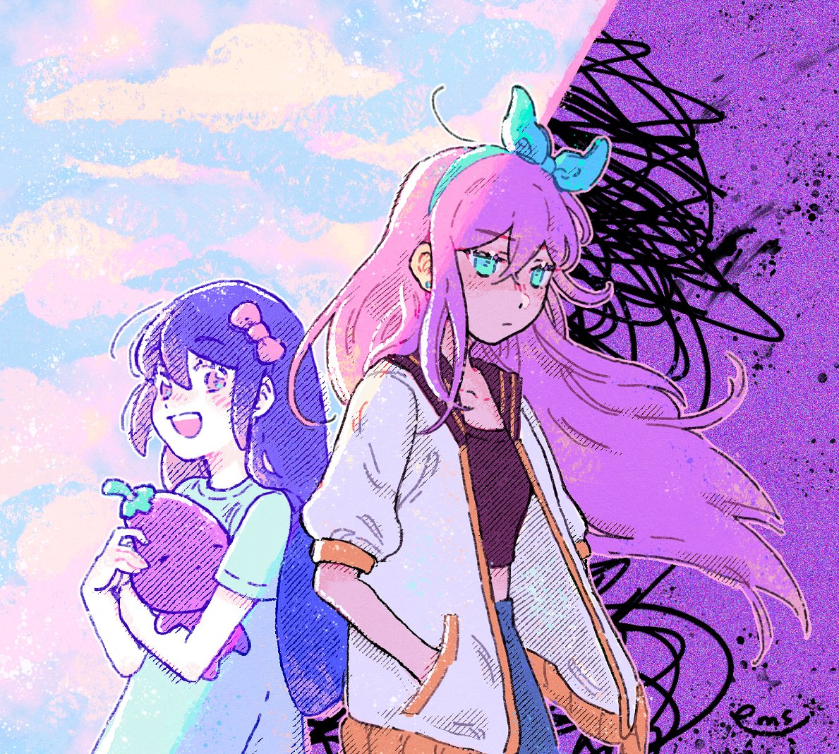 2girls, aubrey_(omori), blue_shirt, blue_skirt, blush, closed_mouth, collarbone, crop_top