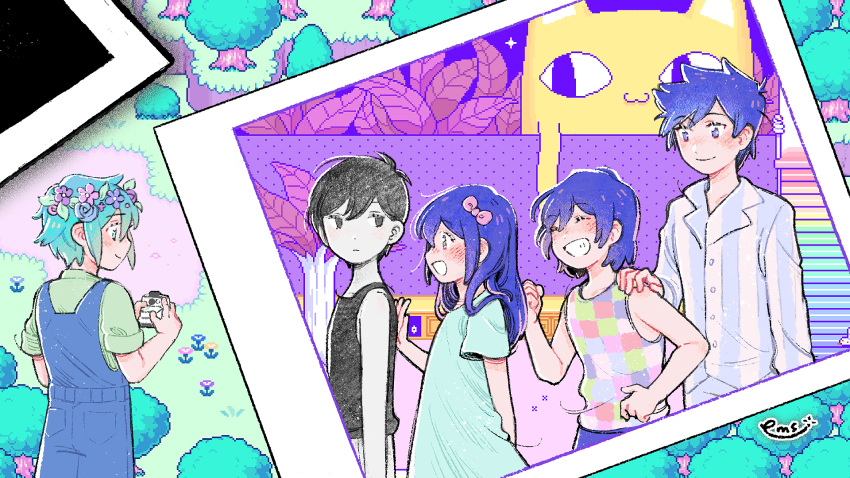 1girl, 4boys, aubrey_(omori), basil_(omori), big_yellow_cat_(omori), black_eyes, black_hair, blue_shirt