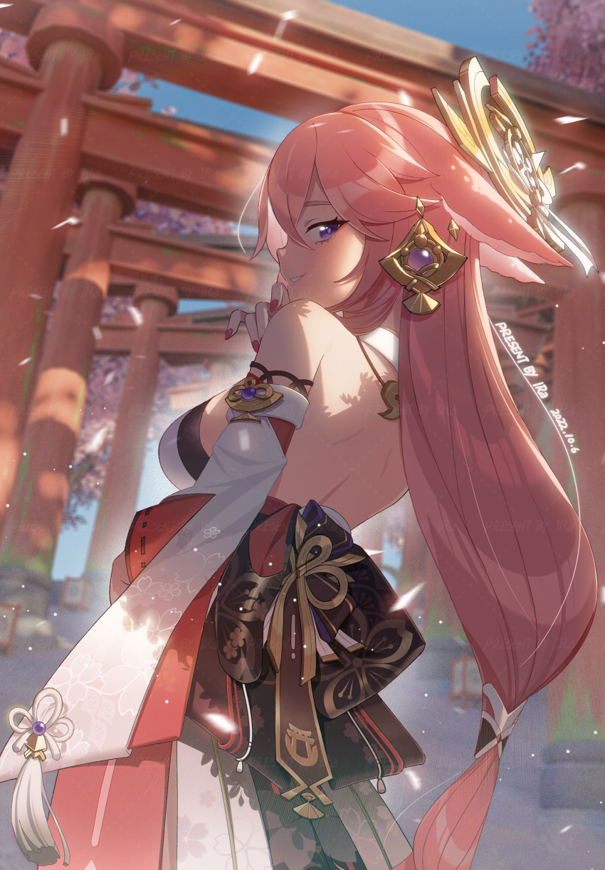 1girl, absurdres, animal_ears, back, bangs, bare_shoulders, bow, breasts