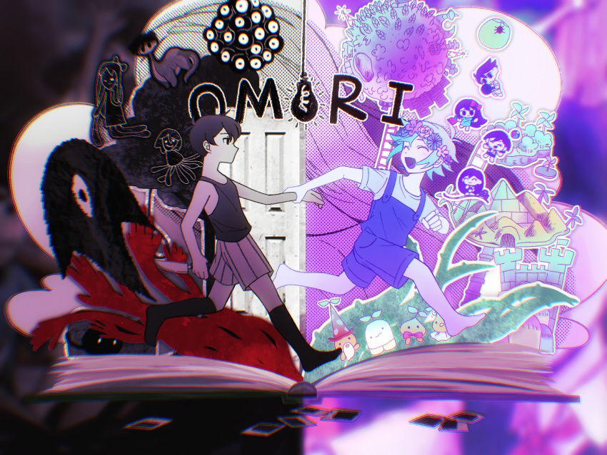 2boys, aeanne, aubrey_(omori), barefoot, basil_(omori), black_eyes, black_hair, black_socks