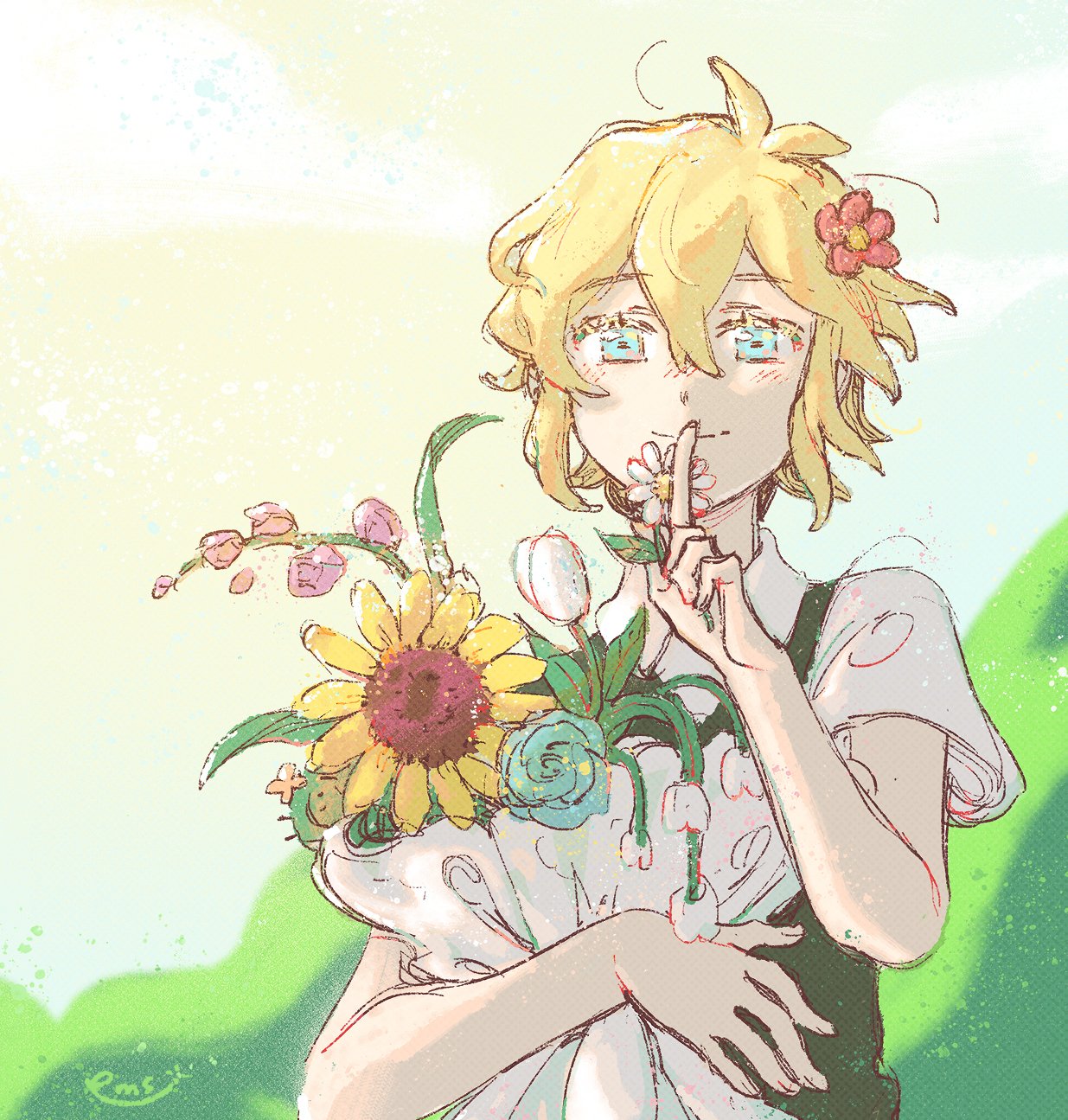 1boy, basil_(omori), blonde_hair, blue_eyes, blush, bouquet, cactus, closed_mouth