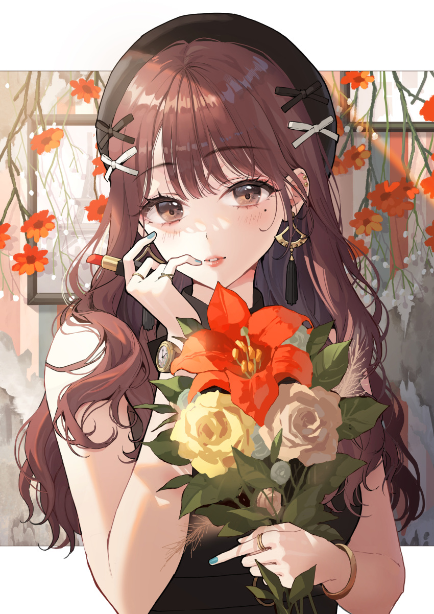 1girl, absurdres, bangle, bangs, black_headwear, blue_nails, bracelet, brown_eyes