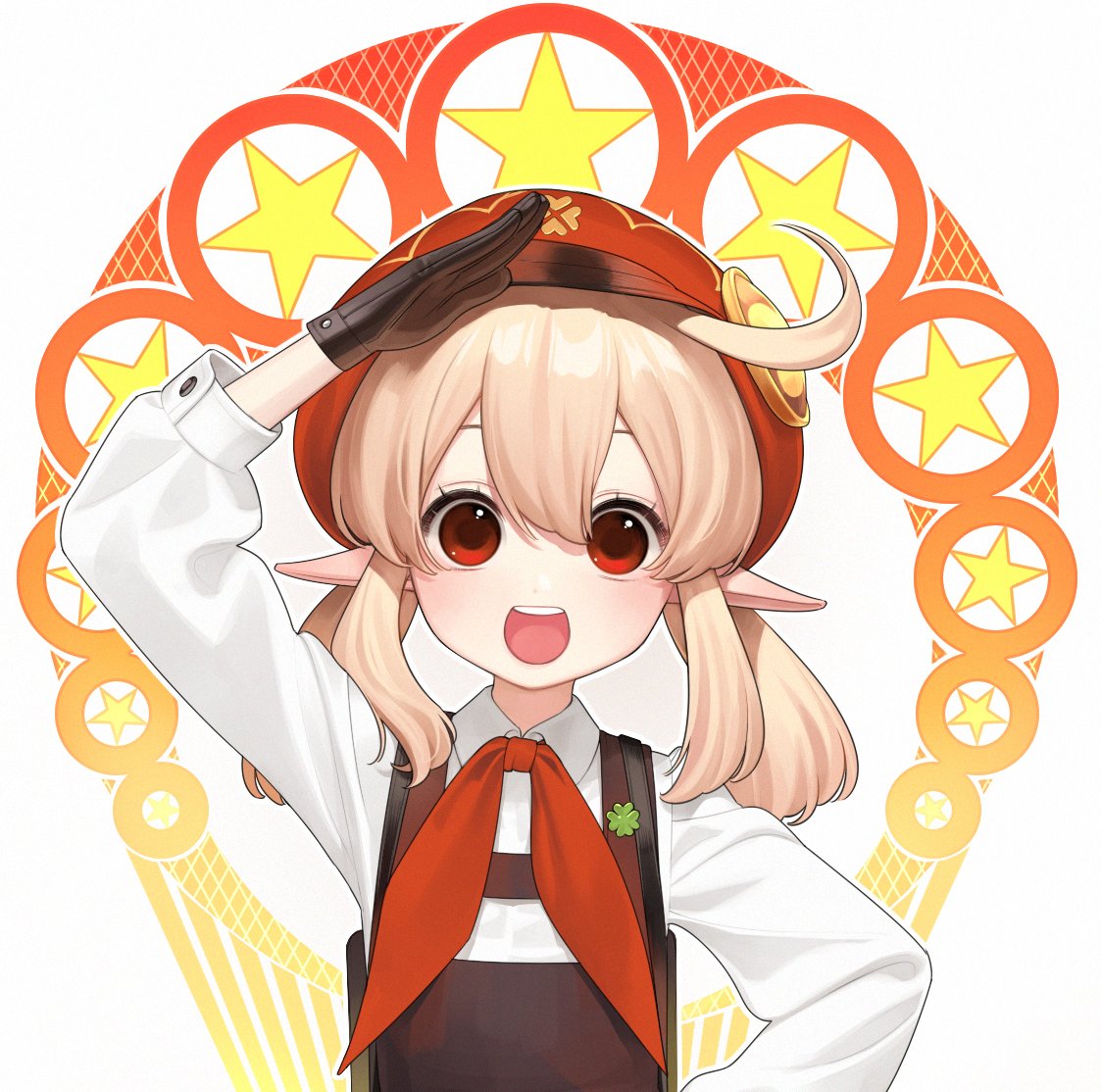 1girl, abbystea, alternate_costume, bangs, blonde_hair, brown_gloves, cabbie_hat, clover