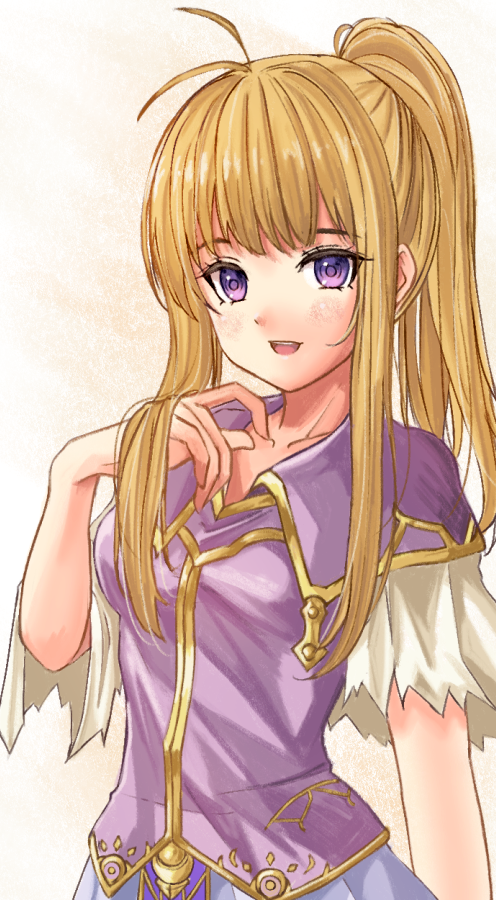 1girl, :d, antenna_hair, bangs, blonde_hair, blue_skirt, breasts, capelet, clarine_(fire_emblem), collarbone, commentary_request, eyelashes, fire_emblem, fire_emblem:_the_binding_blade, fuussu_(21-kazin), hair_flowing_over, hand_up, layered_capelet, long_hair, looking_at_viewer, open_mouth, pleated_skirt, ponytail, purple_capelet, purple_shirt, shirt, short_sleeves, skirt, small_breasts, smile, solo, standing, teeth, upper_body, upper_teeth, violet_eyes, white_background, white_capelet