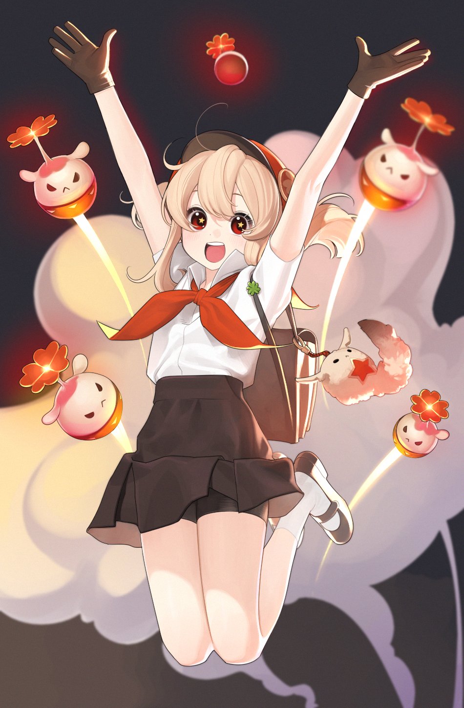 1girl, abbystea, alternate_costume, arms_up, backpack, bag, bag_charm, bangs