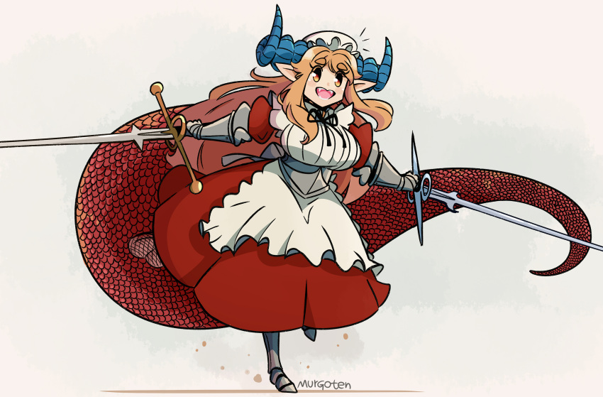 1girl, absurdres, apron, armor, armored_boots, armored_dress, blonde_hair, blue_horns