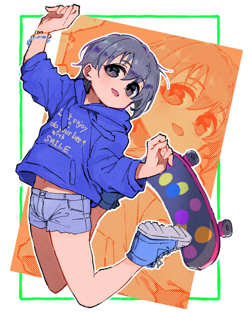 1girl, bangs, blue_footwear, blue_hoodie, bracelet, clothes_writing, drawstring, english_text
