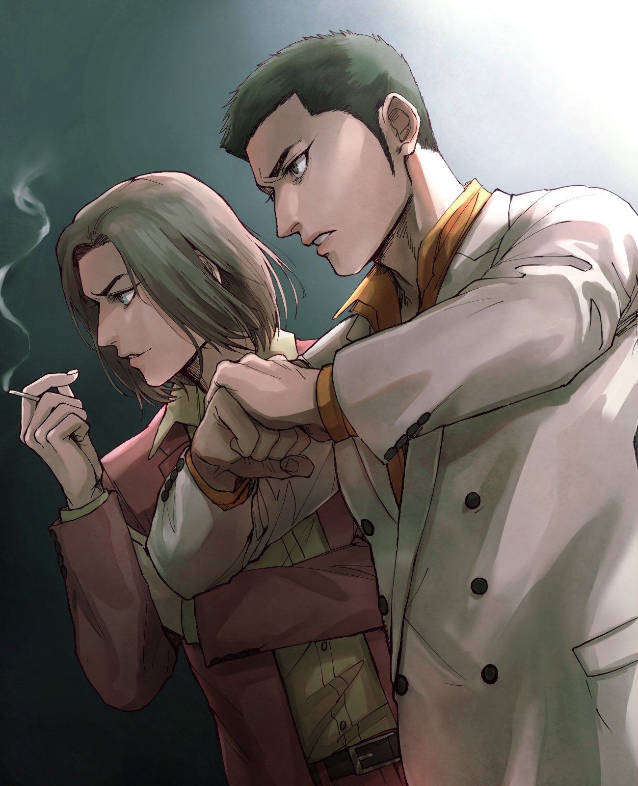 2boys, black_hair, brown_hair, cigarette, clenched_hands, clouds, coco_(h221414), commentary_request, crossed_arms, friends, highres, jacket, jewelry, kiryuu_kazuma, male_focus, medium_hair, multiple_boys, necklace, nishikiyama_akira, orange_shirt, own_hands_together, red_jacket, ryuu_ga_gotoku_(series), ryuu_ga_gotoku_0, shade, shirt, short_hair, smoke_trail, smoking, upper_body, white_jacket, yakuza, yellow_shirt