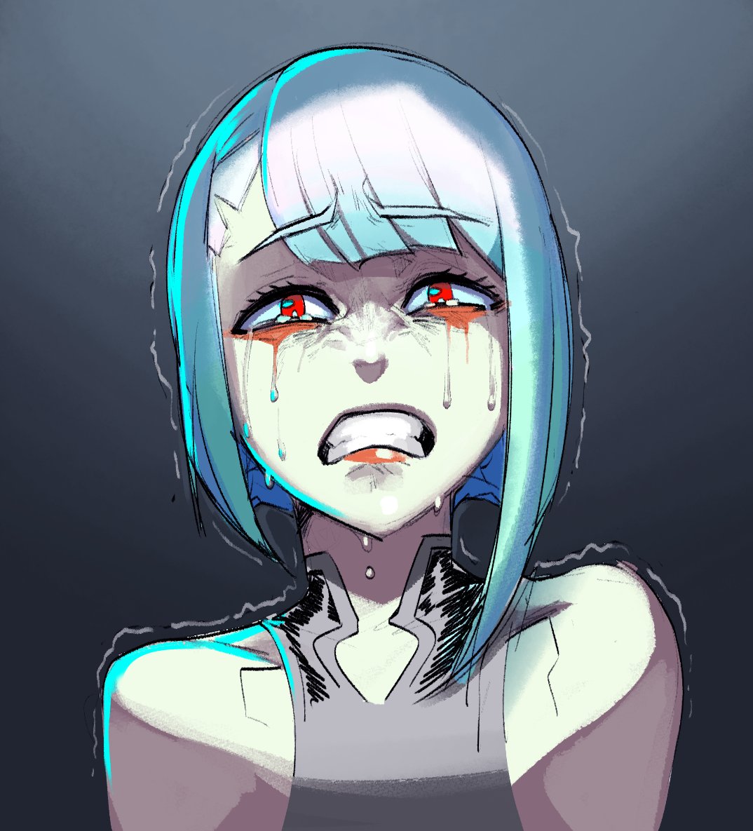 1girl, among_us, among_us_eyes_(meme), bangs, blue_hair, blunt_bangs, bob_cut, clenched_teeth
