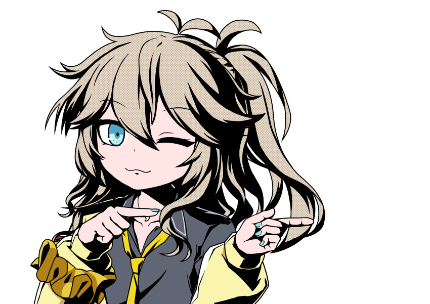 1girl, :3, absurdres, antenna_hair, blonde_hair, blue_eyes, gyaru, highres, kasukabe_tsumugi, kogal, long_hair, nail_polish, necktie, one_eye_closed, one_side_up, pointing, scrunchie, solo, transparent_background, voicevox, wrist_scrunchie, zundaghost