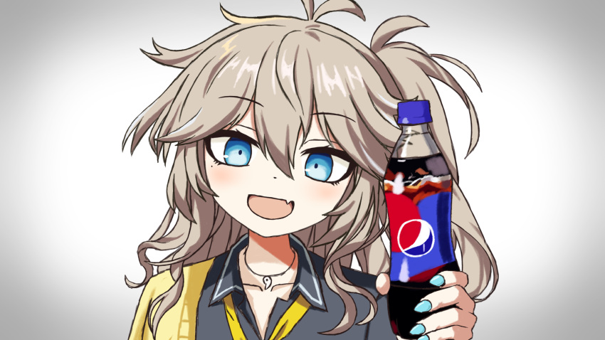 1girl, :d, antenna_hair, blonde_hair, blue_eyes, bottle, fang, gyaru, highres, holding, holding_bottle, honda_keisuke, kasukabe_tsumugi, kogal, long_hair, nail_polish, one_side_up, parody, pepsi, simple_background, skin_fang, smile, solo, voicevox, zundaghost
