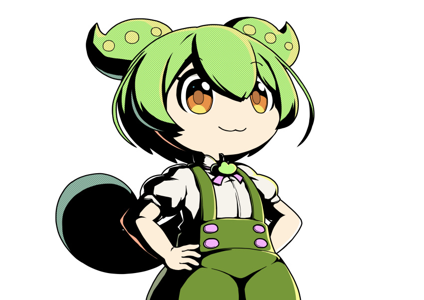 1girl, :3, absurdres, green_hair, hands_on_hips, highres, overalls, ponytail, pose, puffy_short_sleeves, puffy_sleeves, short_sleeves, solo, transparent_background, twintails, voicevox, yellow_eyes, zundaghost, zundamon