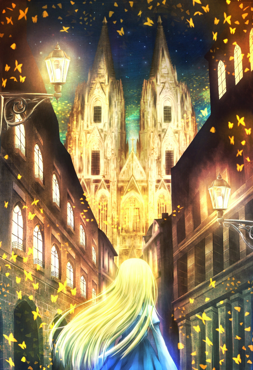 1girl, absurdres, alice_(alice_in_wonderland), alice_in_wonderland, architecture, blonde_hair, blue_dress, bug