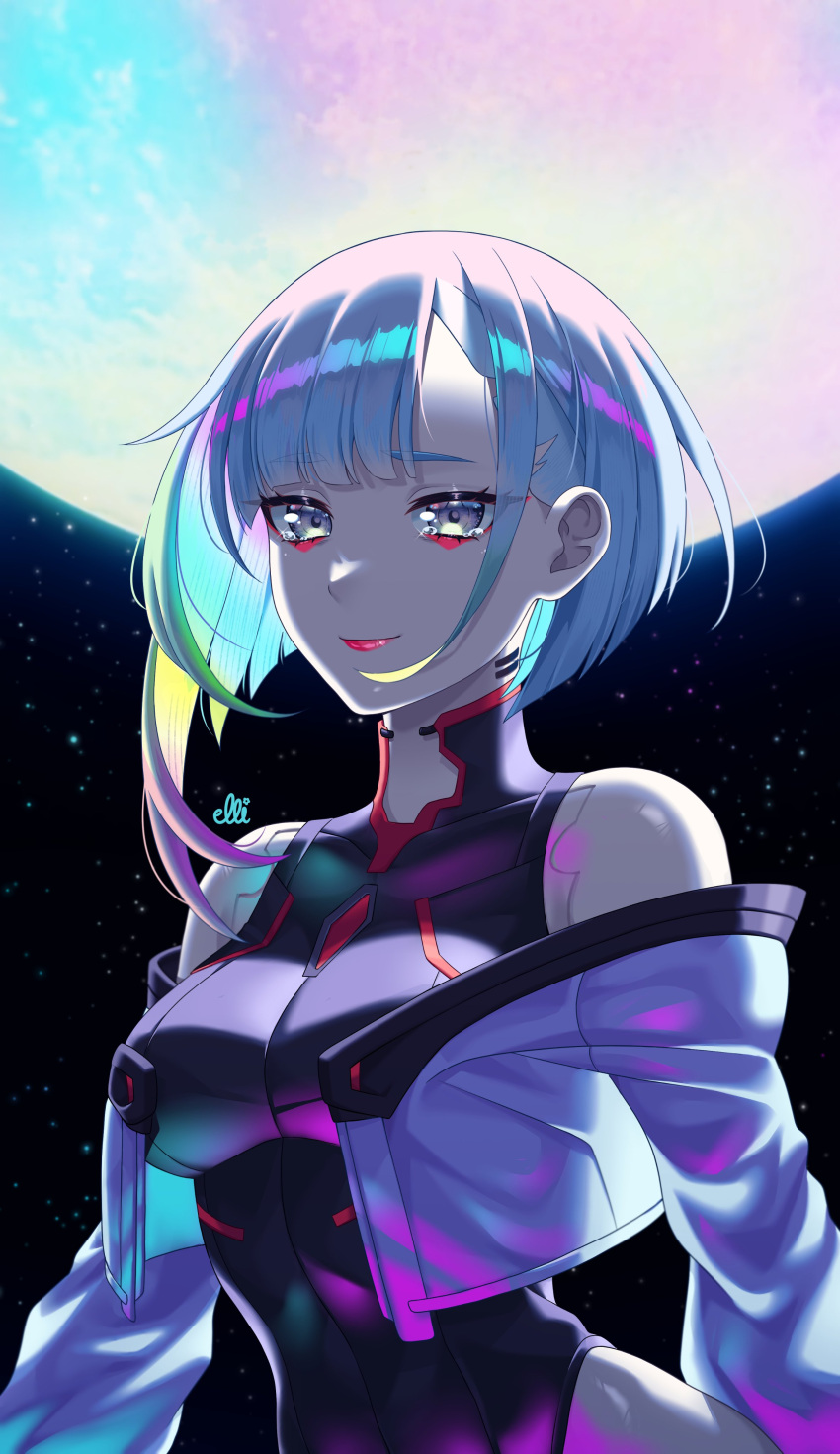 1girl, absurdres, bodysuit, cyberpunk_(series), cyberpunk_edgerunners, ellireii, feet_out_of_frame, grey_eyes, highres, jacket, looking_at_viewer, lucy_(cyberpunk), moon, multicolored_hair, night, night_sky, outdoors, rainbow_hair, short_hair, sky, smile, solo, star_(sky), starry_sky, tears, upper_body, white_hair