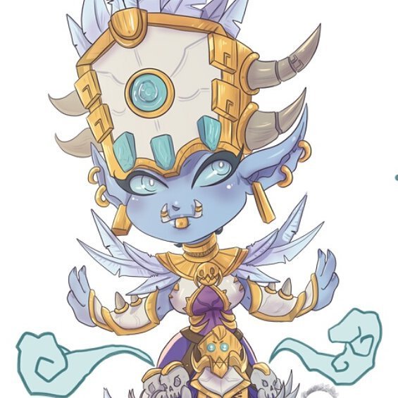 armor, armored_dress, blue_skin, casting_spell, chibi, colored_skin, feathers, glowing