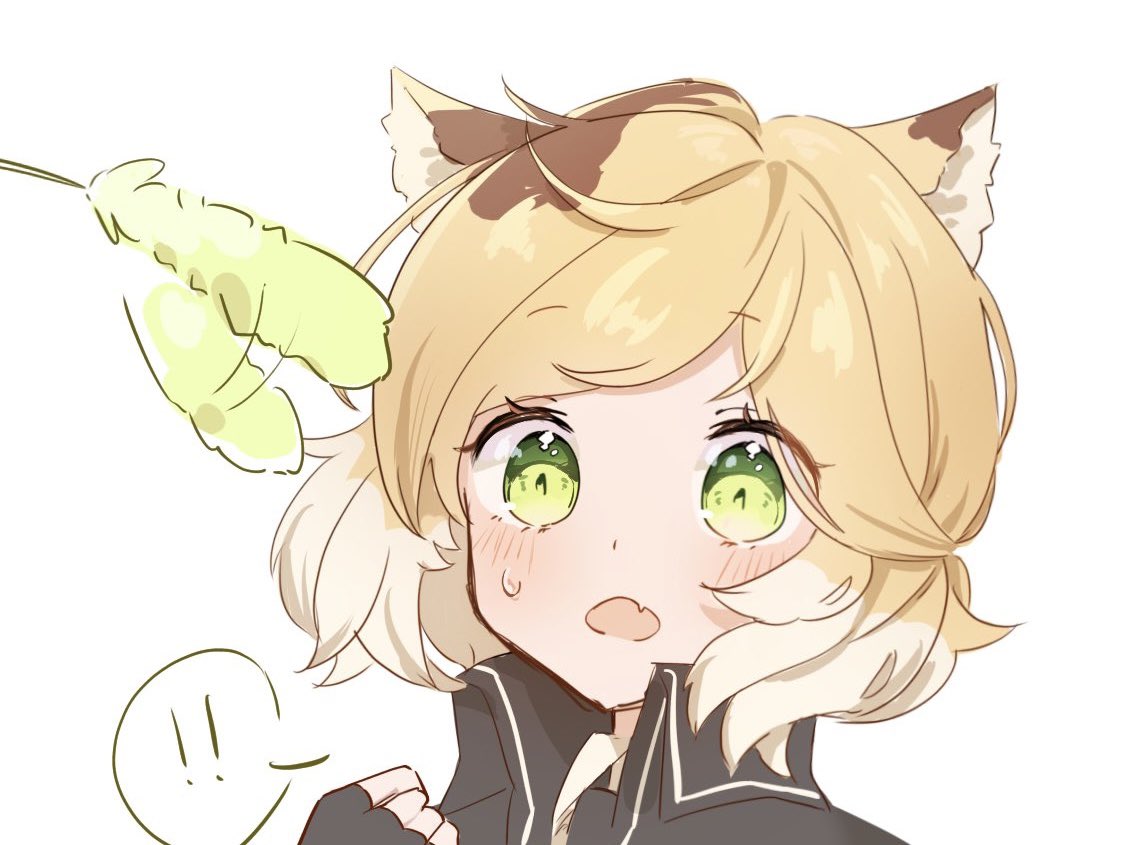 !, !!, 1girl, afterimage, animal_ear_fluff, animal_ears, arknights, black_gloves, black_jacket, blonde_hair, brown_hair, cat_ears, cattail, commentary_request, fingerless_gloves, gloves, hand_up, jacket, mgmg_cc211, mousse_(arknights), multicolored_hair, plant, portrait, shirt, simple_background, solo, spoken_exclamation_mark, two-tone_hair, white_background, white_shirt