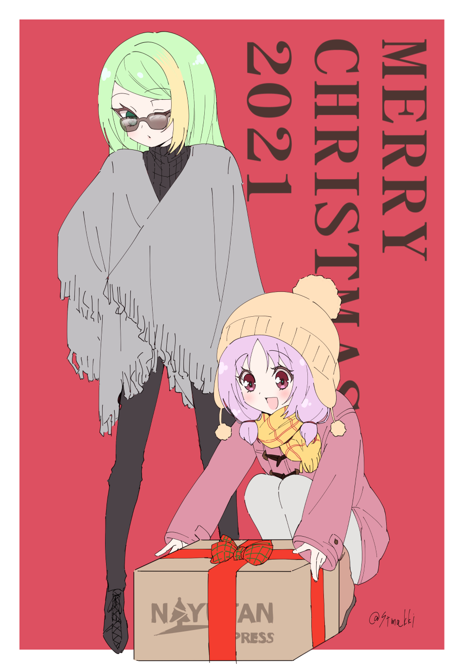 alina_gray, bangs, blunt_ends, box, coat, gift_wrapping, green_hair, hair_between_eyes