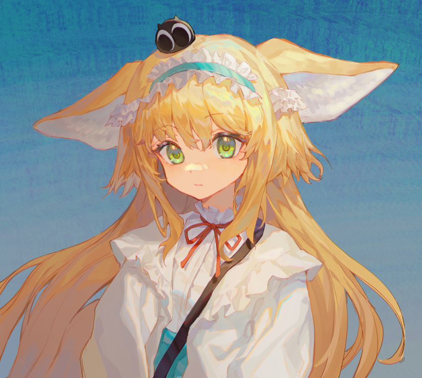 1girl, absurdres, animal_ear_fluff, animal_ears, arknights, bangs, blonde_hair, blue_background