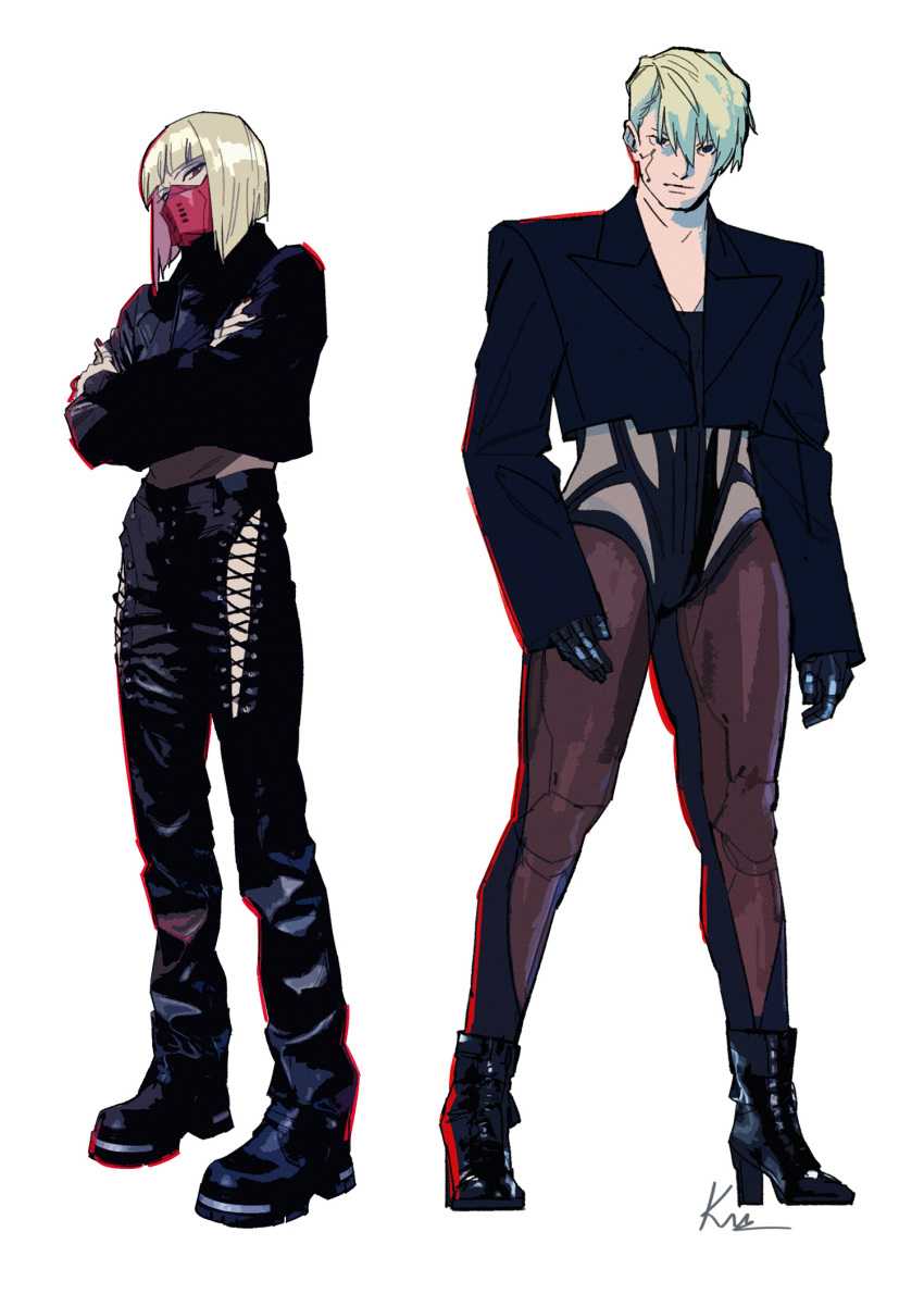 2girls, blonde_hair, crossed_arms, cyberpunk_(series), cyberpunk_2077, dorio_(cyberpunk), high_heels, highres