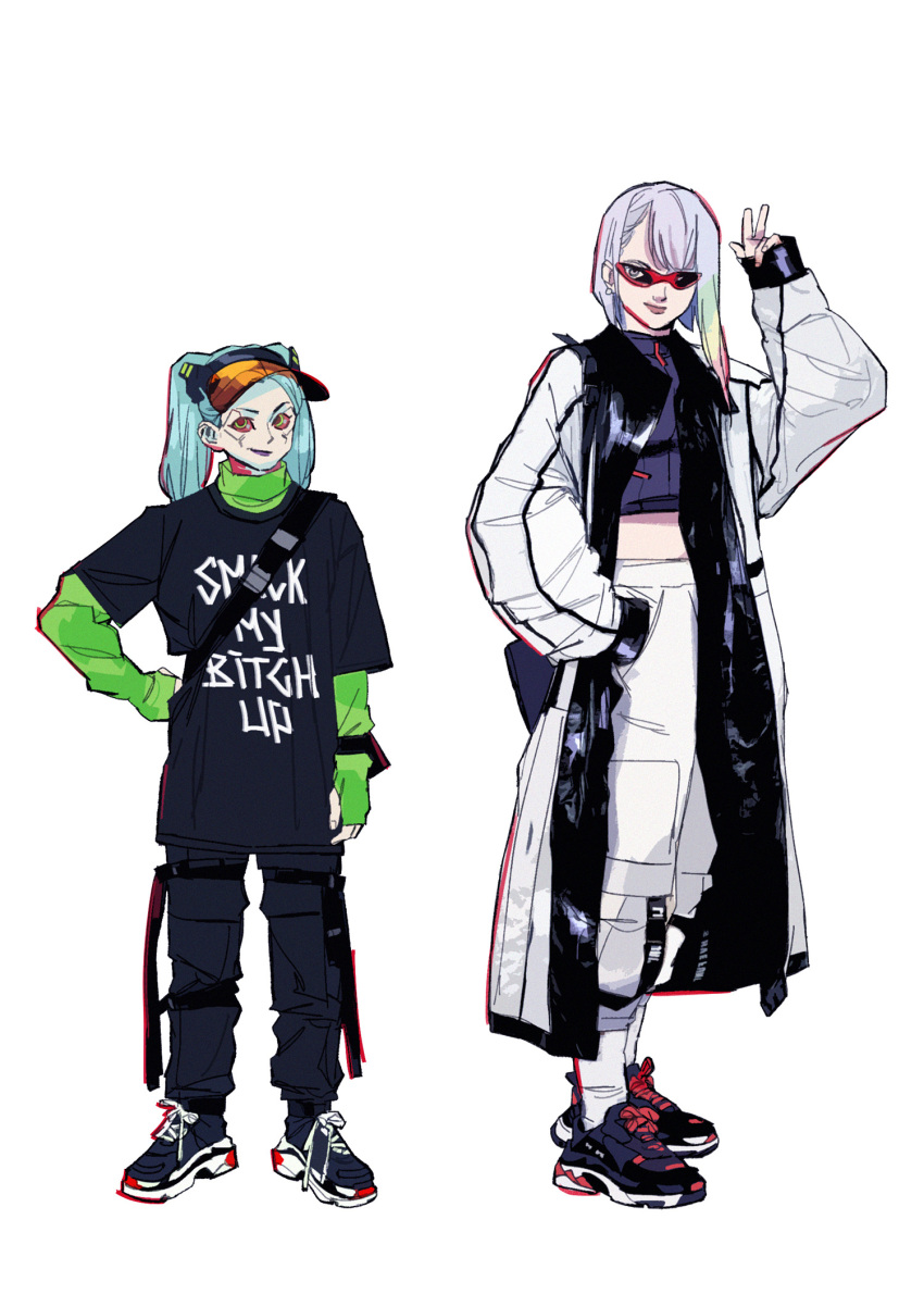 2girls, blue_hair, coat, cyberpunk_(series), cyberpunk_2077, english_text, glasses, hand_in_pocket, hat, highres, looking_at_viewer, lucy_(cyberpunk), multiple_girls, rebecca_(cyberpunk), scuttlebuttin, shoes, sneakers, v, white_background, white_hair
