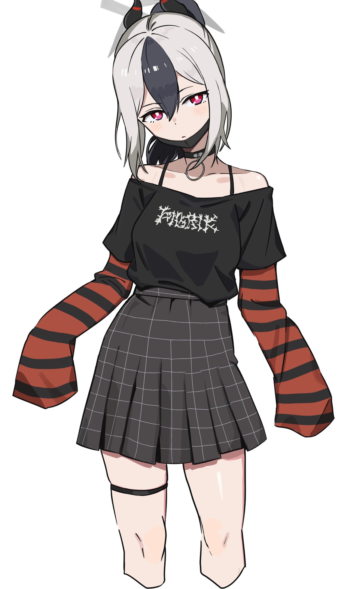 1girl, alternate_costume, bangs, bare_shoulders, black_choker, black_hair, black_shirt, black_skirt, blue_archive, breasts, casual, choker, collarbone, cowboy_shot, demon_horns, expressionless, hair_between_eyes, halo, highres, horns, kayoko_(blue_archive), kuzuuo, light_blush, looking_at_viewer, mask, mask_pull, mouth_mask, multicolored_hair, o-ring, o-ring_choker, plaid, plaid_skirt, red_eyes, shirt, shirt_tucked_in, sidelocks, simple_background, skirt, sleeves_past_fingers, sleeves_past_wrists, small_breasts, striped, striped_shirt, thigh_strap, thighs, two-tone_hair, white_background, white_hair