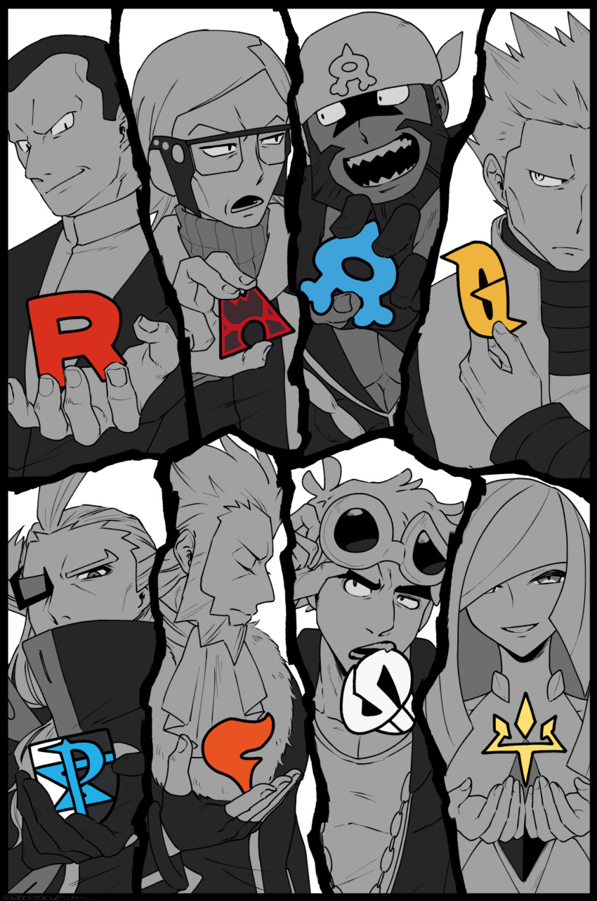 1girl, archie_(pokemon), bandana, batabiru, beard, closed_eyes, coat, cyrus_(pokemon), facial_hair, fangs, ghetsis_(pokemon), giovanni_(pokemon), guzma_(pokemon), highres, jacket, logo, long_hair, looking_at_another, looking_at_viewer, looking_to_the_side, lusamine_(pokemon), lysandre_(pokemon), monochrome, multiple_boys, open_mouth, pokemon, pokemon_(game), pokemon_bw, pokemon_bw2, pokemon_dppt, pokemon_oras, pokemon_rgby, pokemon_sm, pokemon_xy, scar, short_hair, spiky_hair, sunglasses, sweater, turtleneck, turtleneck_sweater