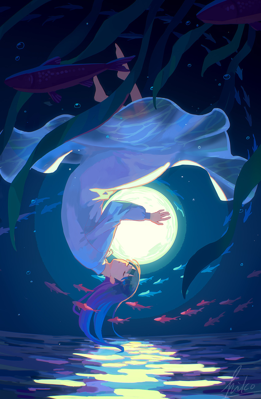 1girl, dress, fish, floating, highres, hiko_(scape), holding, long_hair